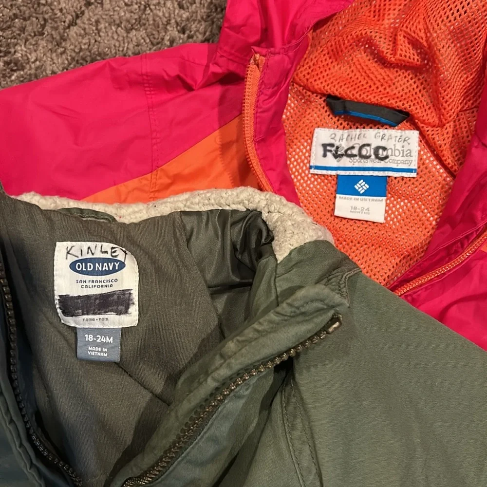 Toddler girl 18/24m Columbia rain jacket and Old Navy green winter jacket bundle